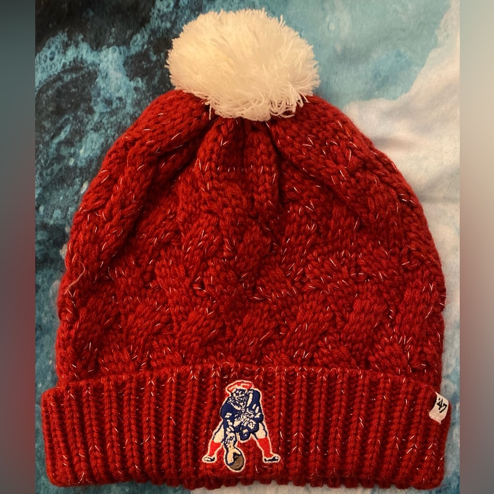 Patriots Beanie with Cream Pom Pom